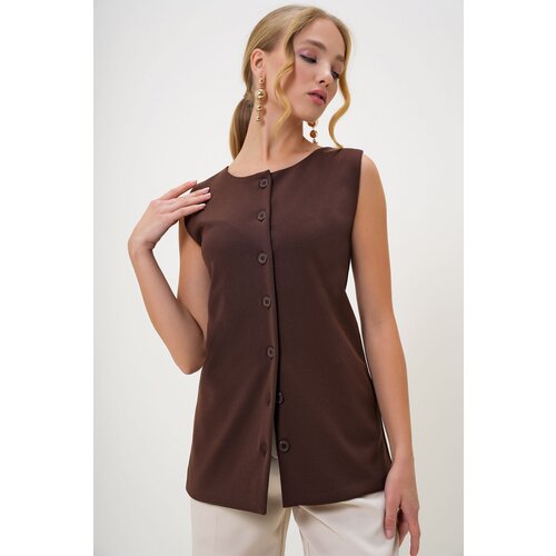 Trend Alaçatı Stili Women's Brown Crew Neck Knitted Crepe Long Vest Slike