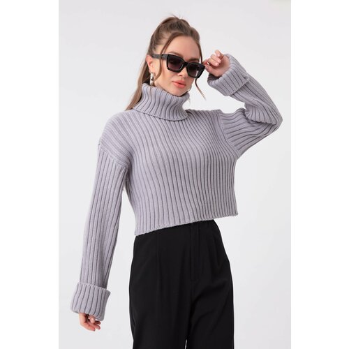 Lafaba Women's Gray Wide Ribbed Turtleneck Knitwear Crop Sweater Slike
