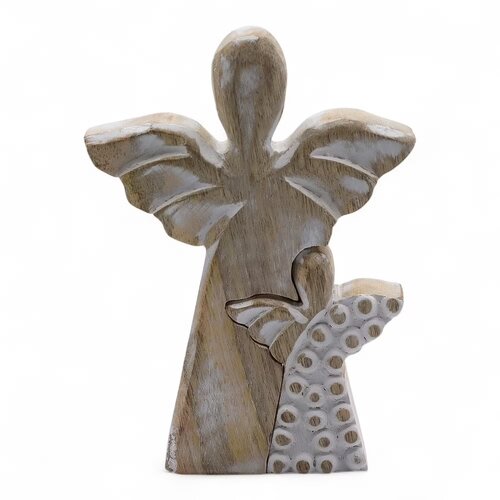  Lesena figura angel z angelom &ndash; whitewash - IND - Mango Wood - Baby shower - Materinski dan Cene
