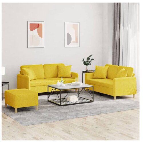 vidaXL 3-dijelni set sofa s jastucima svjetložuti od tkanine - Svjetložuta s jastucima i tabureom Cijene