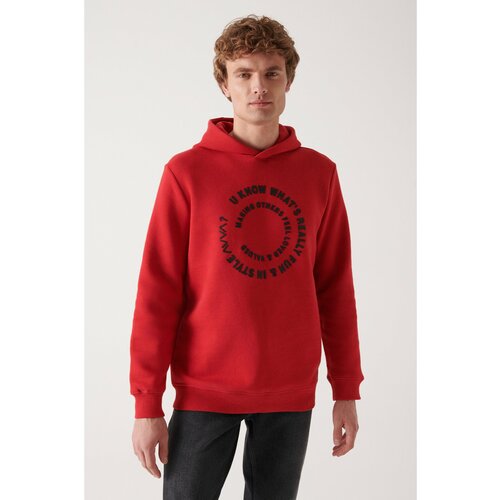 Avva Men's Red Hooded 3 Thread Fleece Inside Printed Standard Fit Regular Cut Sweatshirt Slike