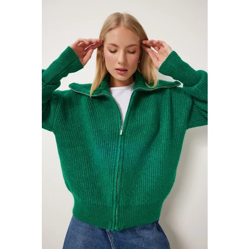 Happiness İstanbul Women's Green Zipper Collar Knitwear Cardigan