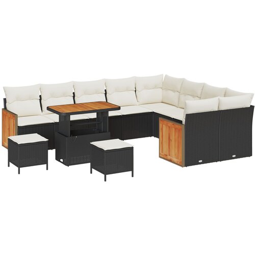 vidaXL 12 delni Vrtni Sofa Set s Prevlekami Črna Poli Ratan Akacija, 3 delni Vrtni Jedilni Set s Prevlekami Črna Poli Ratan Akacija Cene