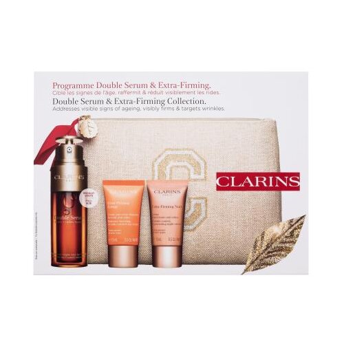 Clarins Double Serum & Extra-Firming Collection Set serum za obraz Double Serum Complete Age Control Concentrate 50 ml + dnevna krema za obraz Extra-Firming Energy 15 ml + nočna krema za obraz Extra-Firming Night 15 ml + ekološka kozmetična torbica za ženske Cene