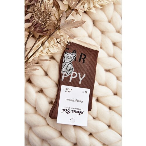 Kesi Brown women&amp;#039;s cotton socks with inscription and teddy bear Slike