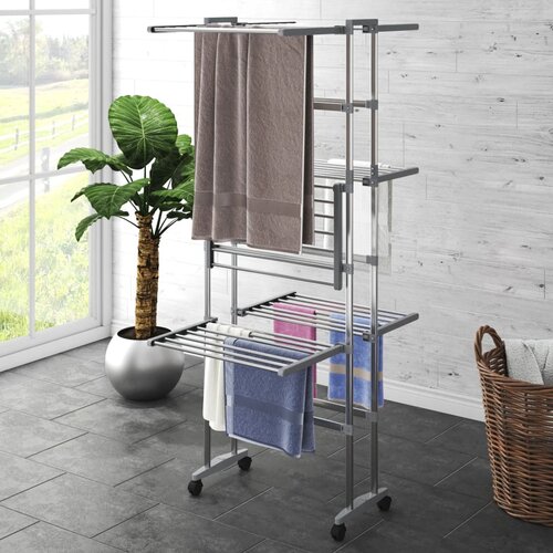 vidaXL Stalak za sušenje rublja 3 razine i kotači srebrni 60x70x129 cm Cijene