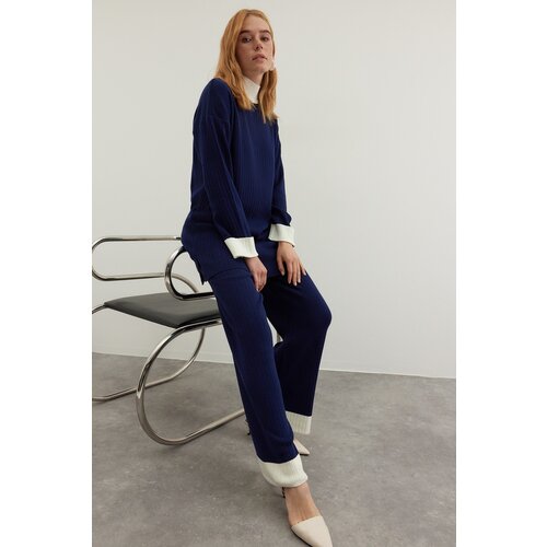 Trendyol Navy Blue Standing Collar Color Block Corduroy Sweater-Pants Knitwear Suit Cene