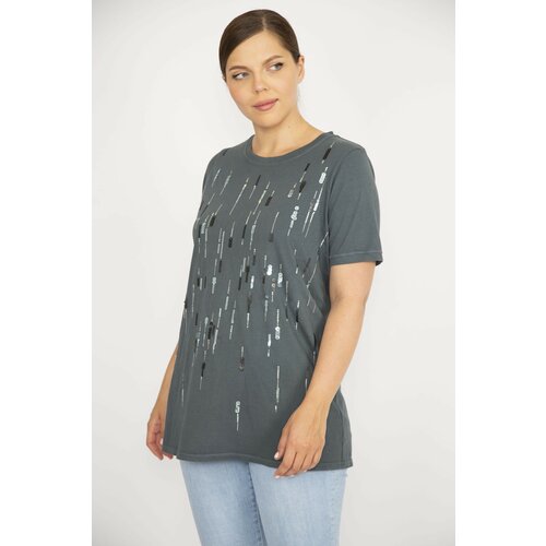 Şans Women's Plus Size Smoky Sequin And Stone Embroidered Crew Neck Blouse Slike