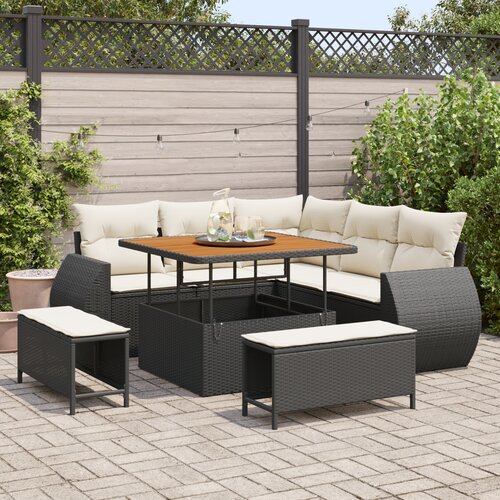 vidaXL 8 Piece Garden Sofa Set with Cushions Black Poly Rattan Acacia Cene