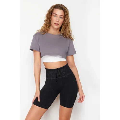 Trendyol Gray White 2 Layer Reflector Print Detailed Crop Sports T-Shirt