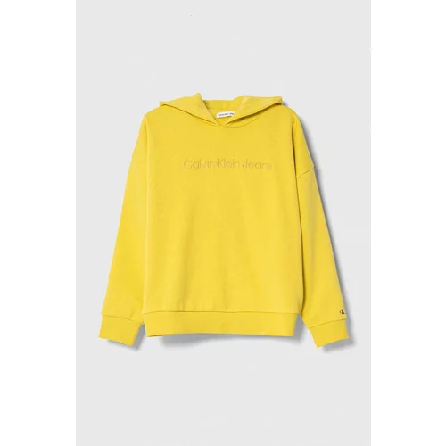 Calvin Klein Jeans Otroški bombažen pulover rumena barva, s kapuco