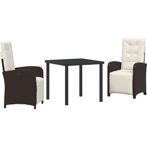 vidaXL set od 3 dijela za objedovanje u vrtu s jastučićima smeđi poli ratan, vrtni stol crni 80x80x73 cm staklo otporno na toplinu Cijene
