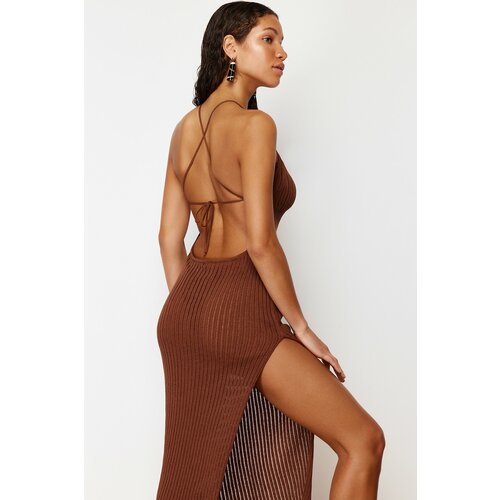 Trendyol brown fitted knitted backless knitwear beach dress Slike