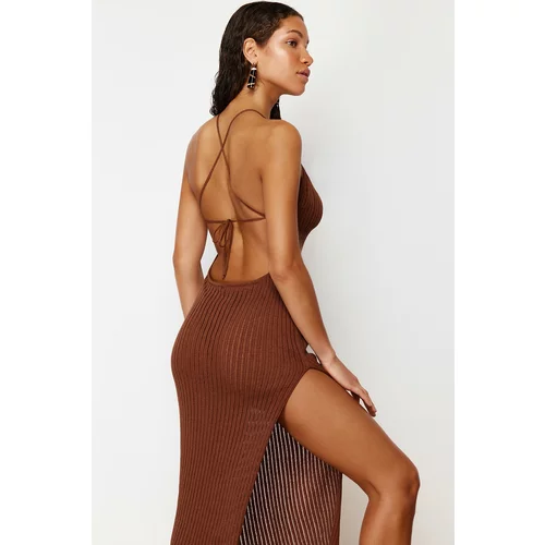 Trendyol Brown Fitted Knitted Backless Knitwear Beach Dress