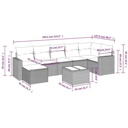 VidaXL 8-dijelni set vrtnih sofa s jastucima smeđi od poliratana Slike