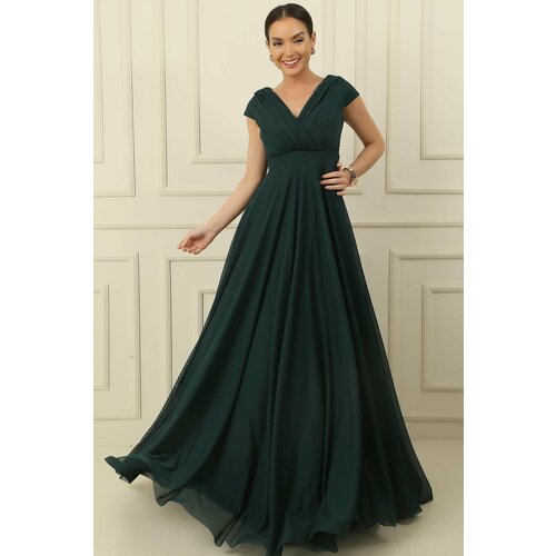 By Saygı Double Breasted Neck Nail Sleeve Full Circle Flared Lined Chiffon Tulle Long Dress Cene