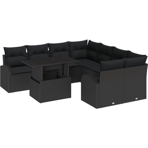 vidaXL 9-dijelni vrtni set sofe s jastucima crna poli ratan, 2-sjedalna vrtna sofa s pohranom i jastucima crna poli ratan Cijene