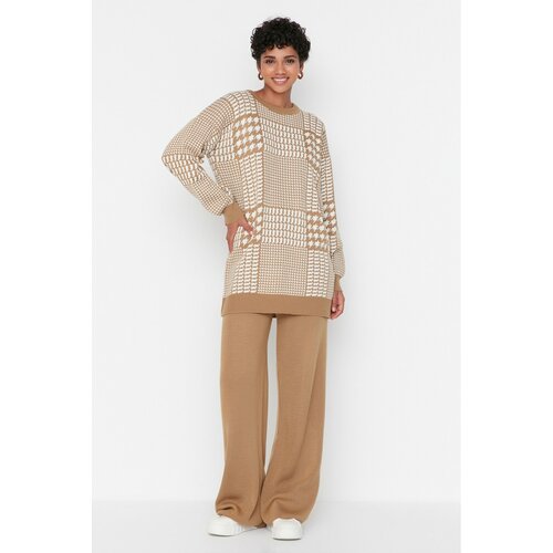 Trendyol Camel Geometric Patterned Knitwear Bottom-Top Set Cene