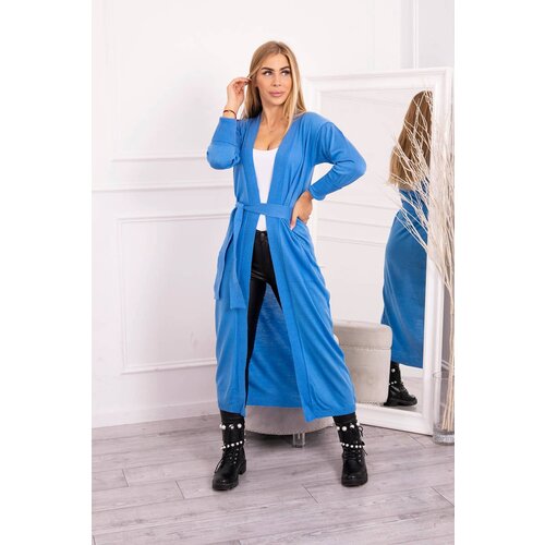 Kesi Long cardigan sweater with waist tie, jeans Slike