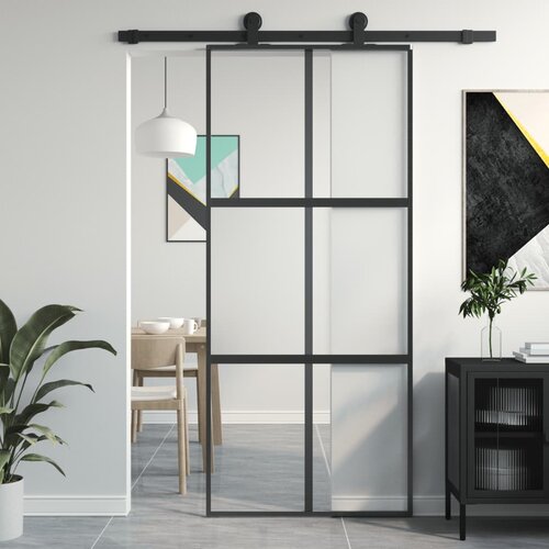 VidaXL Drsna vrata črna 90x205 cm kaljeno steklo in aluminij Slike