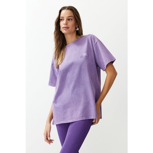 Trendyol Lilac Oversize/Large Wash Motto and Back Printed 100% Cotton Knitted T-Shirt Slike