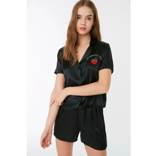 Trendyol Black Embroidered Satin Pajamas Set