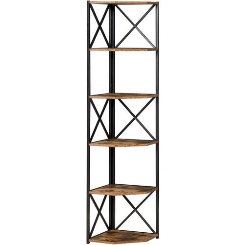 HOMCOM stenska vogalna knjižna omara, lesena in kovinska polica v industrijskem slogu s 5 policami, 39x39x175cm, rustikalno rjava, (20754144) Cene