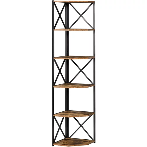 HOMCOM stenska vogalna knjižna omara, lesena in kovinska polica v industrijskem slogu s 5 policami, 39x39x175cm, rustikalno rjava, (20754144)