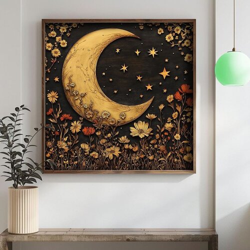 Wallxpert uramljena mdf slika DOS066-70, zlatni polumesec i zvezde iznad cvetne livade, 70 x 70 cm Cene