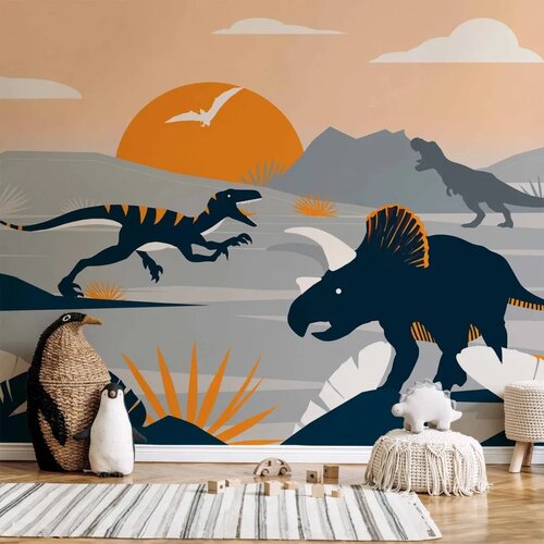  Foto tapeta - Last dinosaurs with orange - abstract landscape for a room 147x105 Samoljepljiva Cene