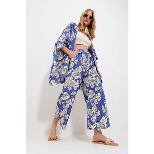 Trend Alaçatı Stili Women's Blue Palazzo Pants And Patterned Woven Viscose Kimono Suit