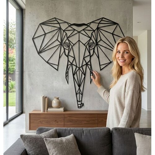 Wallxpert metalni zidni ukras 5052, geometrijska glava slona, 58 x 61 cm, crni Cene
