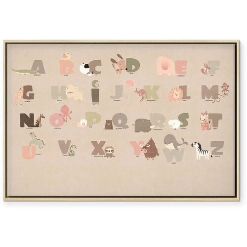  Slika - Alphabet at the Zoo - Joyful Animals and Their Names on a Beige Background 120x80 U prirodnom drvenom okviru Slike