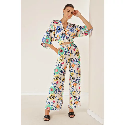 By Saygı Elastic Waist Pocket Palazzo Trousers Front Back V Neck Crop Floral Double Suit