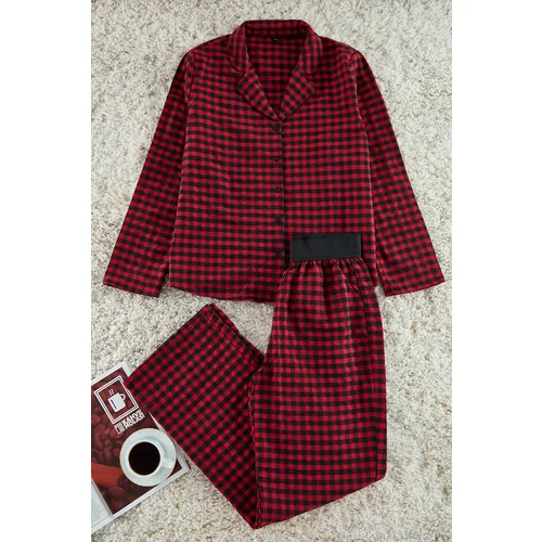 Trendyol Red-Multicolored Plaid Elastic Waist Detailed Woven Pajama Set