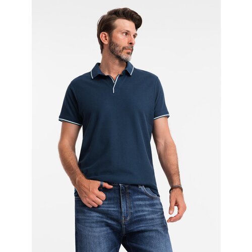 Ombre Men's pique knit polo shirt without buttons - navy blue Cene