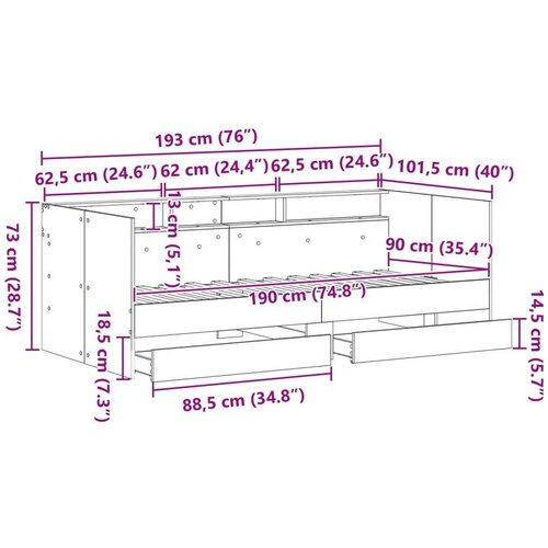 VidaXL Dnevni krevet s ladicama Staro drvo Konstruirano drvo 90 x 190 cm Slike