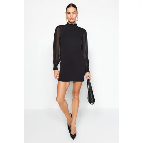 Trendyol Black Straight Cut Sleeves Chiffon Detail Mini Woven Dress