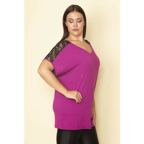 Şans Women's Plus Size Fuchsia Viscose Blouse with Lace Detail on the Shoulders and V-Neck Slike