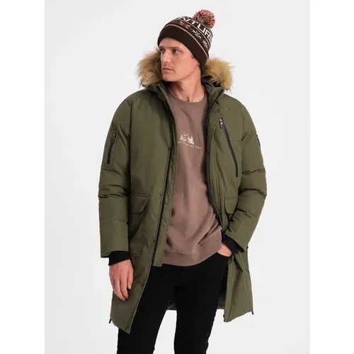 Ombre Alaskan men's winter jacket with detachable fur from the hood - dark olive green