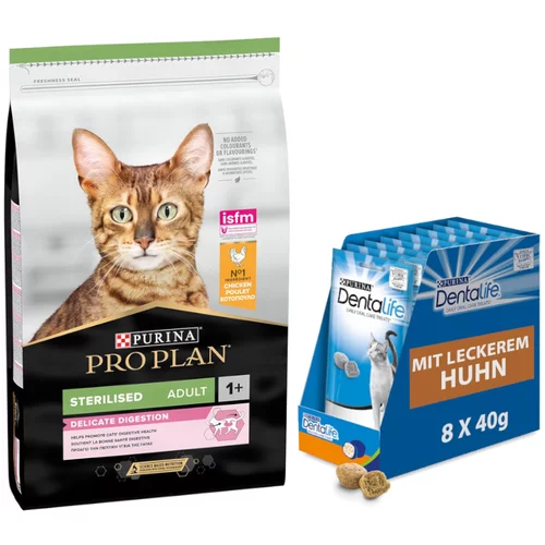 Pro Plan 10 kg PURINA + 8 x 40 g Dentalife Snacks gratis! - Sterilised Cat s piletinom