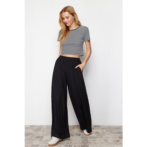 Trendyol Black Wide Leg Ribbed Flexible Knitted Trousers Cene