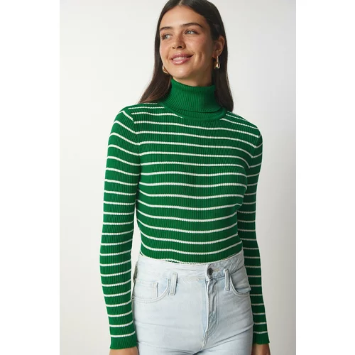 Happiness İstanbul Women's Green Striped Turtleneck Knitwear Sweater