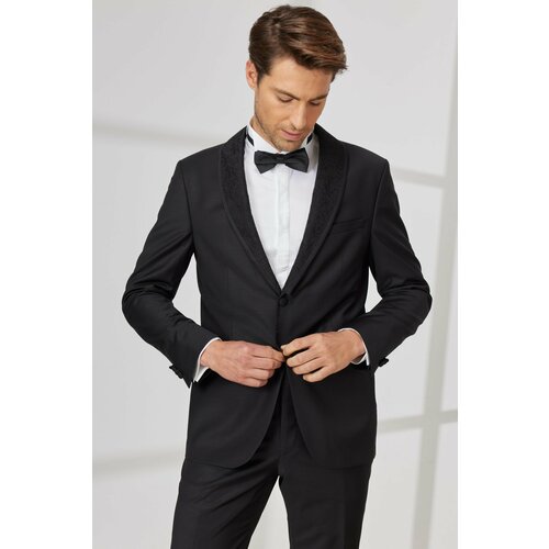 ALTINYILDIZ CLASSICS Men's Black Slim Fit Slim Fit Camouflage Shawl Collar Woolen Tuxedo Suit Slike