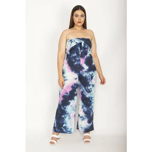 Şans Women's Colorful Tie-dye Patterned Top Wide Gimped Elastic And Belted Strapless Jumpsuit