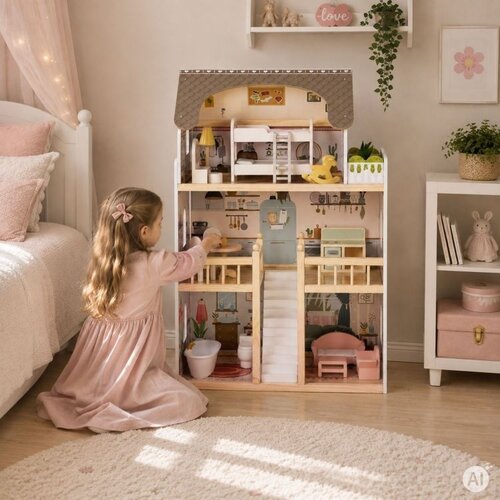 ECO TOYS Ecotoys Drvena kućica za lutke Laura s namje&amp;scaron;tajem Slike