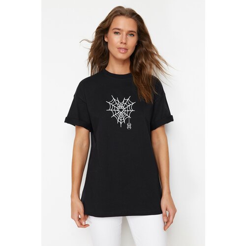 Trendyol Black Premium 100% Cotton Spider Web Printed Oversize/Wide Fit Knitted T-Shirt Slike