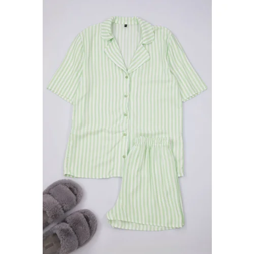 Trendyol Green Striped Viscose Top Wide Pattern Woven Pajama Set