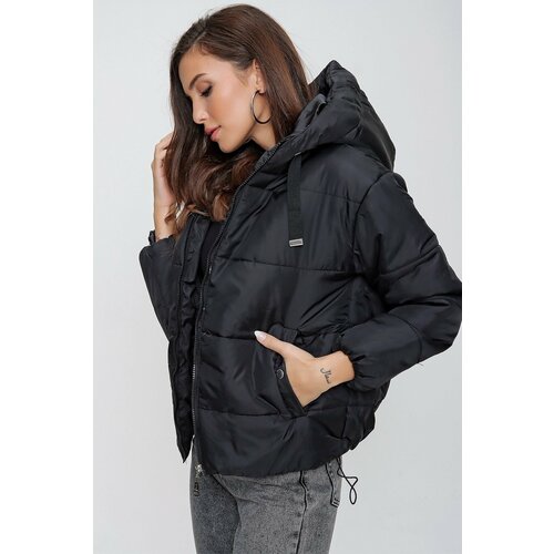 By Saygı Women's Black Inflatable Coat with Elastic Waist, Pocket and Lined Hooded Cene