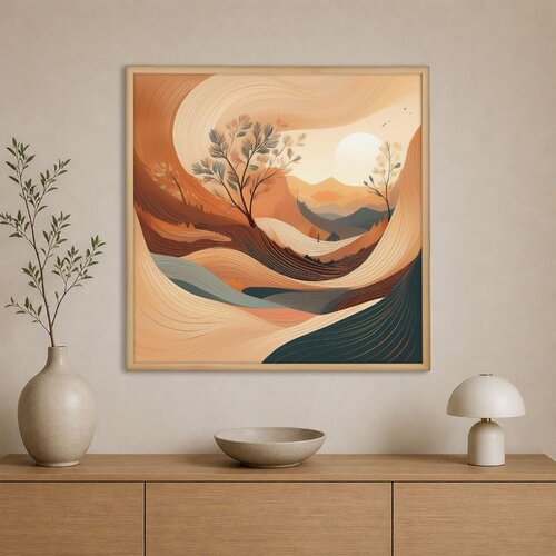 Wallxpert uramljena slika na platnu Cc-K-Ah-1006, stilizovani pejzaž sa drvećem i suncem u toplim tonovima, 80 x 80 cm Slike
